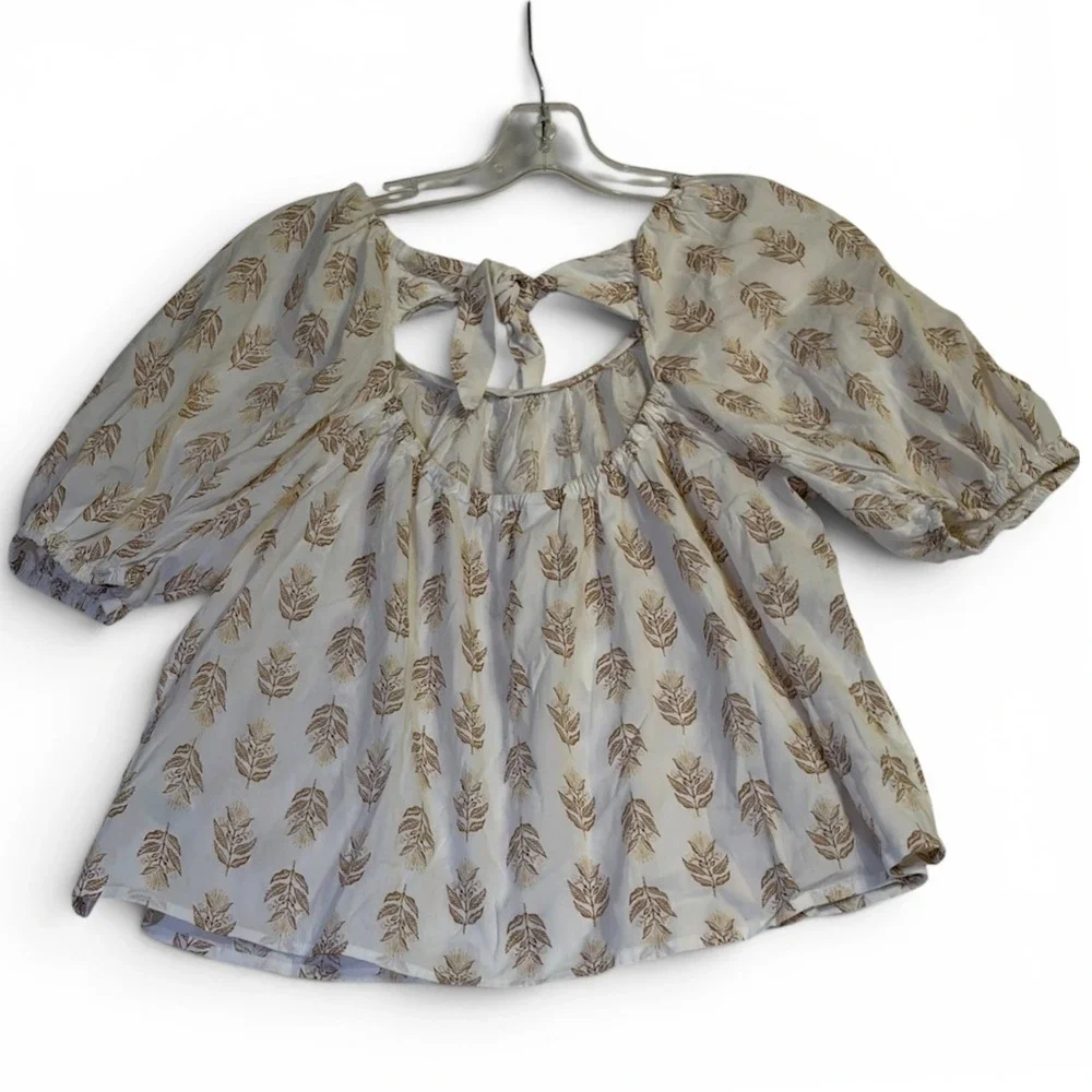 NWT‎ Old Navy Puff Sleeve Blouse Small White Tan Womens Botanical Tie Back
